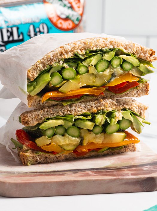 Food for Life Ezekiel 4:9 stacked veggie sandwich cross section
