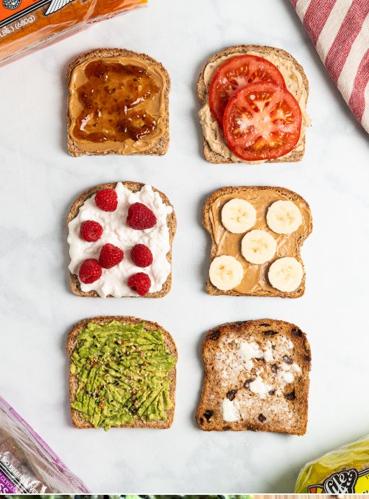Food for Life six toast topping variations flatlay