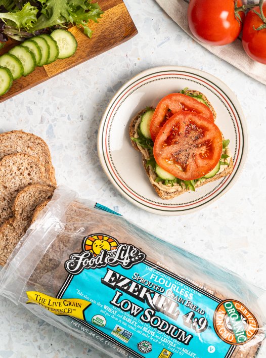 Food for Life Ezekiel 4:9 low sodium open face sandwich