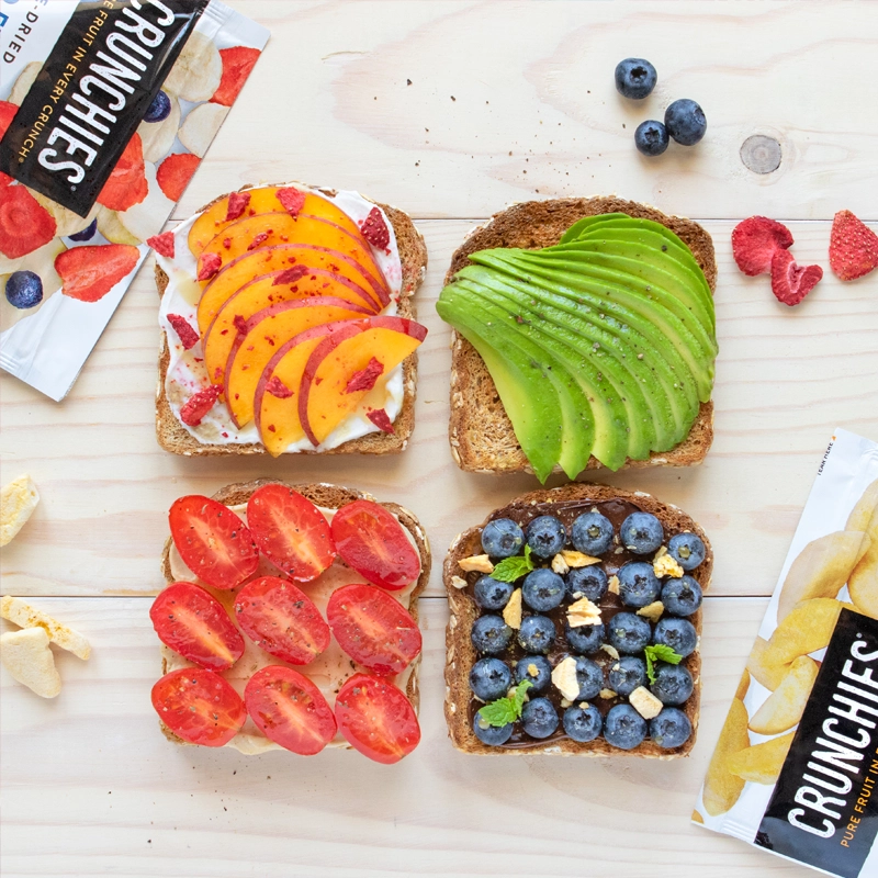 Crunchies freeze-dried fruit toast flatlay