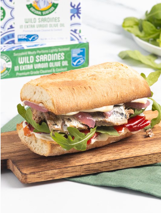 Henry and Lisa’s wild sardines baguette sandwich with arugula